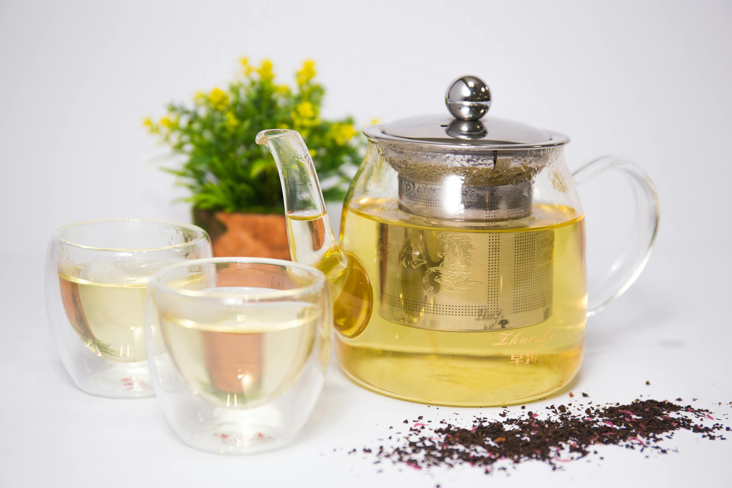 A serene setup of a glass teapot with herbal tea, surrounded by teacups and a potted plant.